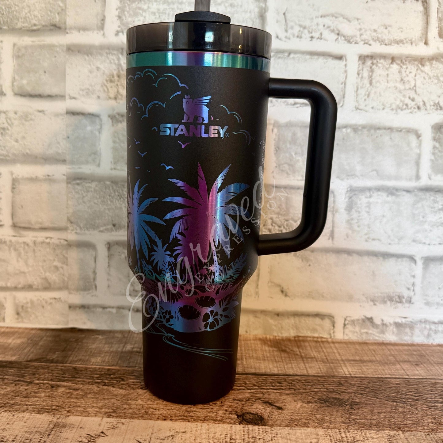 Stanley Engraved Tumbler – Black Chroma Tropical Beach Cup | Insulated Travel Mug