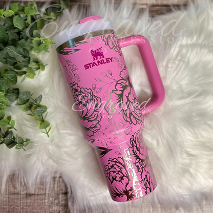 Engraved Stanley Tumbler | Peony Flower Design | Vacuum Insulated Double Wall Cup