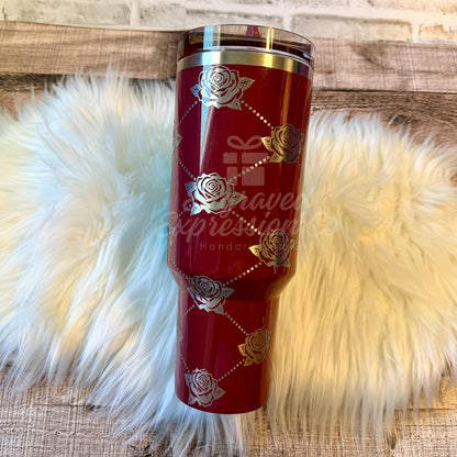 Engraved Stanley Tumbler – Personalized Floral Tumbler With Rose Pattern Cup