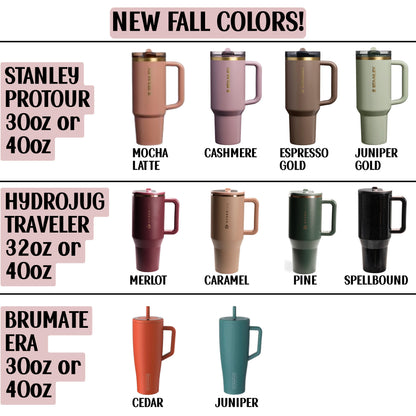 a collection of Starbucks stainless steel travel mugs in various fall colors, including pink, beige, green, and black.