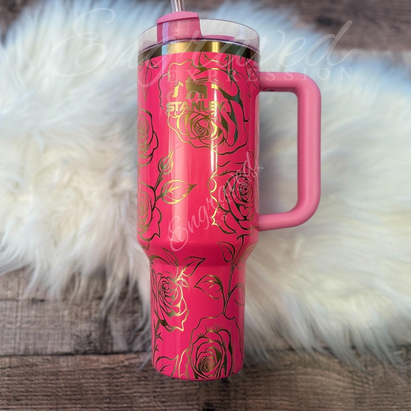 Engraved Stanley Tumbler | Pink Parade Floral Laser Etched Roses | Custom Gift