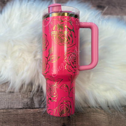 Engraved Stanley Tumbler | Pink Parade Floral Laser Etched Roses | Custom Gift