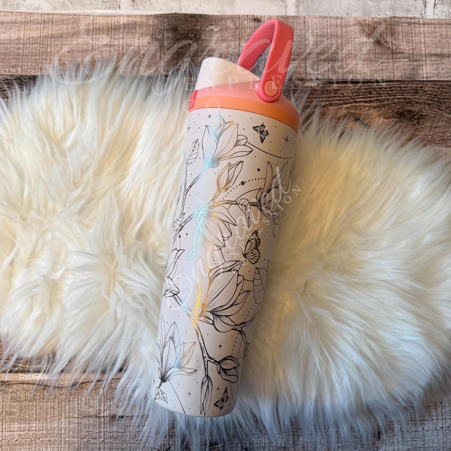 Engraved Owala Tumbler – 40oz Magnolia Floral Boho Style Insulated Drink Cup