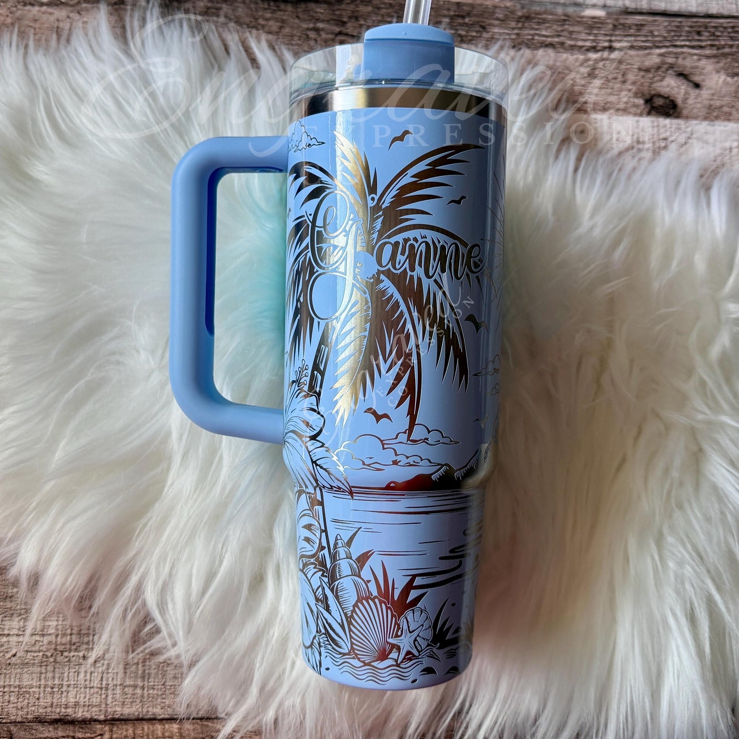 Stanley Quencher Tumbler - Engraved Beach Theme, Cornflower Gloss Stainless Steel Cup