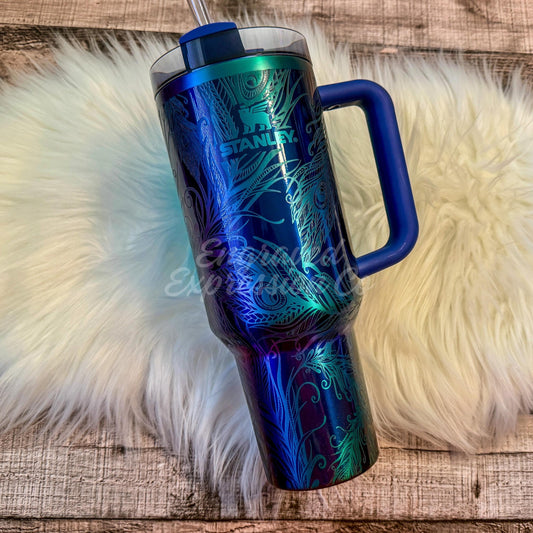 Stanley Quencher Tumbler – Custom Engraved Peacock Feather Design | Star Shine Color Cup