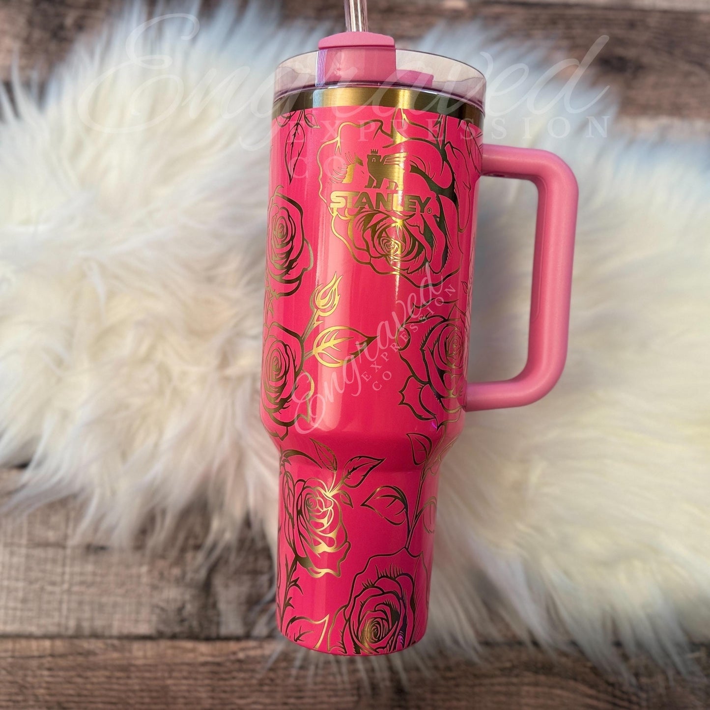 Engraved Stanley Tumbler | Pink Parade Floral Design | Laser Etched Stainless Steel Cup