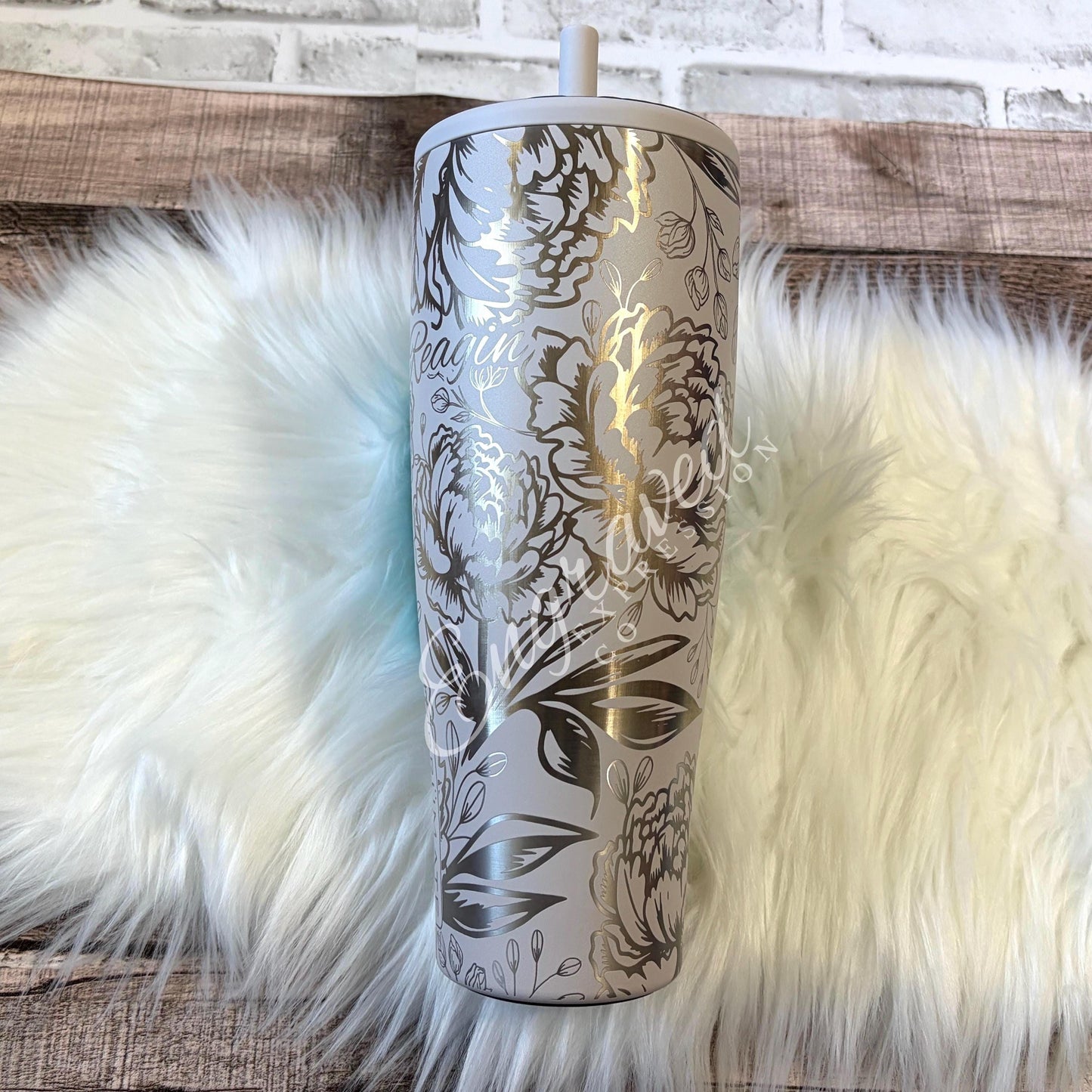 Engraved Brumate Tumbler - 40oz Insulated Stainless Steel Cup With Peony Floral Design