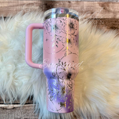 Laser Engraved Tumbler - Stanley Protour with Boho Floral Design & Leakproof Flip Straw