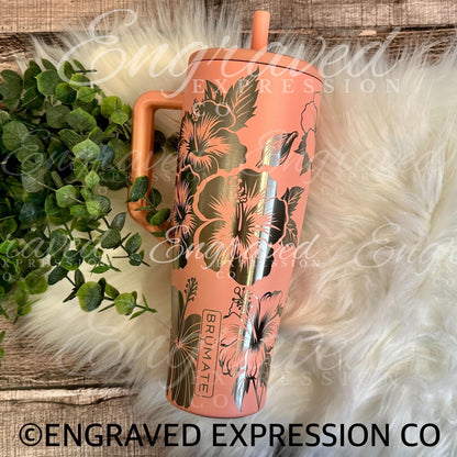 Engraved Brumate Tumbler - 40 oz Leak Proof Floral Stainless Steel Cup With Hawaiian Hibiscus Design
