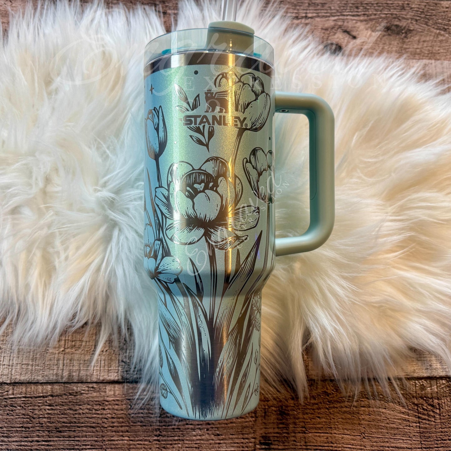 Engraved Stanley Tumbler | Vacuum Insulated Cup With Floral Pattern Design