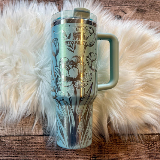 Engraved Stanley Tumbler | Vacuum Insulated Cup With Floral Pattern Design