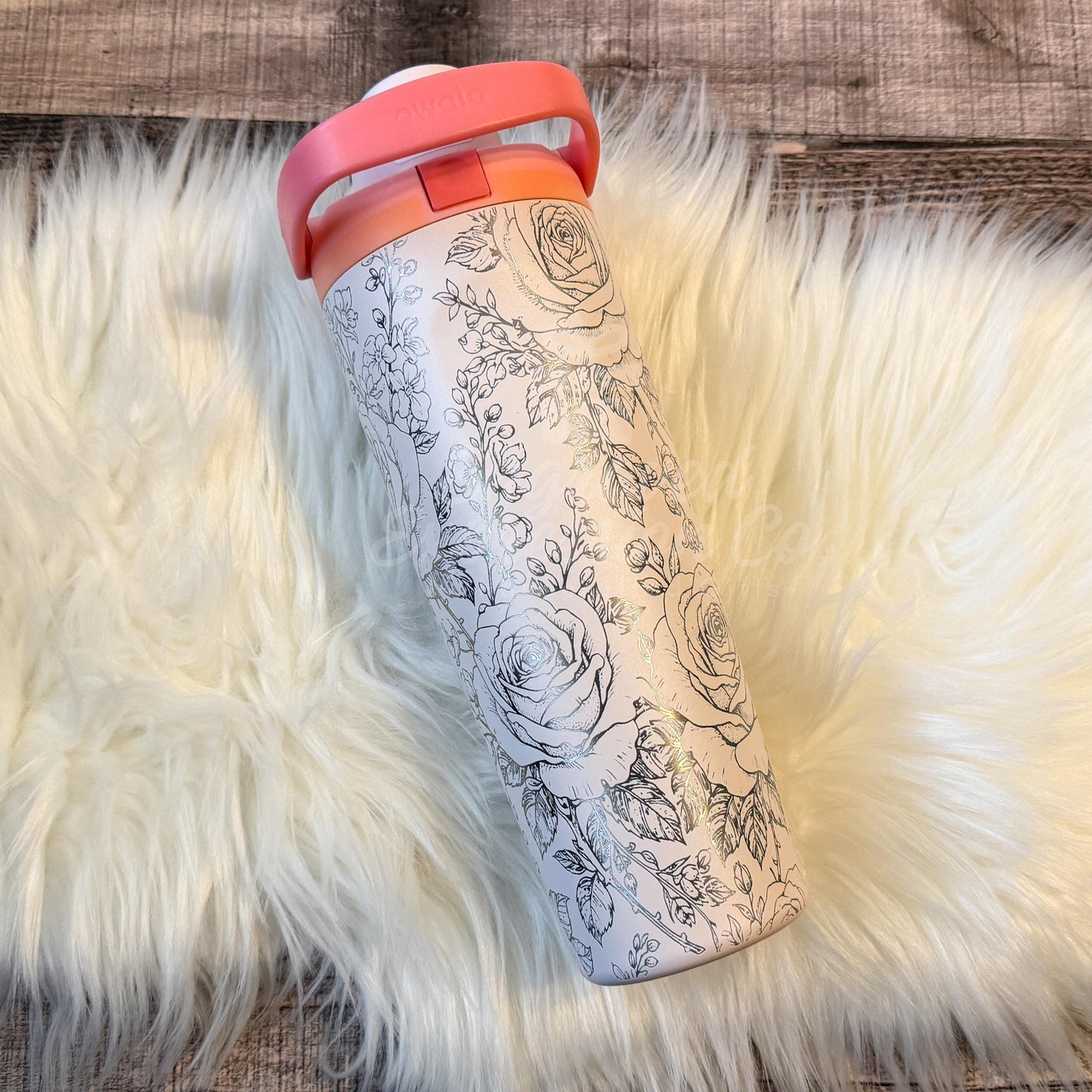 Engraved Floral Tumbler – Personalized Name Cup with Rose and Larkspur Design