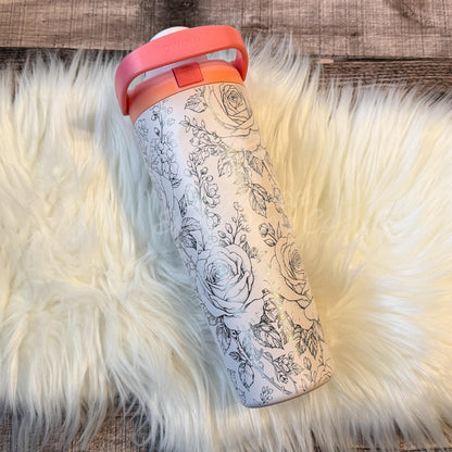 Engraved Floral Tumbler – Personalized Name Cup with Rose and Larkspur Design