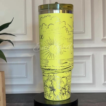 Stanley Pink Tumbler – Laser Engraved Full Wrap Beach Design Cup with Hibiscus Flowers