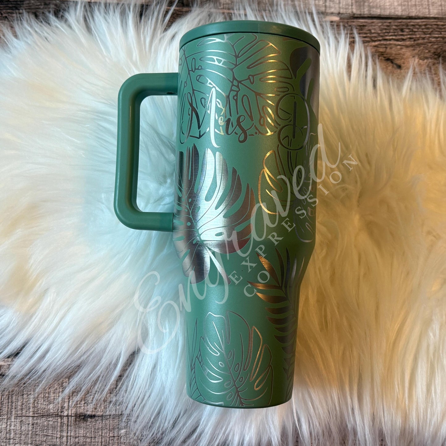 Sage HydroJug Tumbler - Laser Engraved Monstera Leaf Design | Insulated Travel Mug