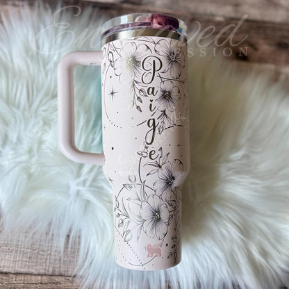 Stanley Protour Tumbler – Laser Engraved Boho Floral Design, Rose Quartz Cup