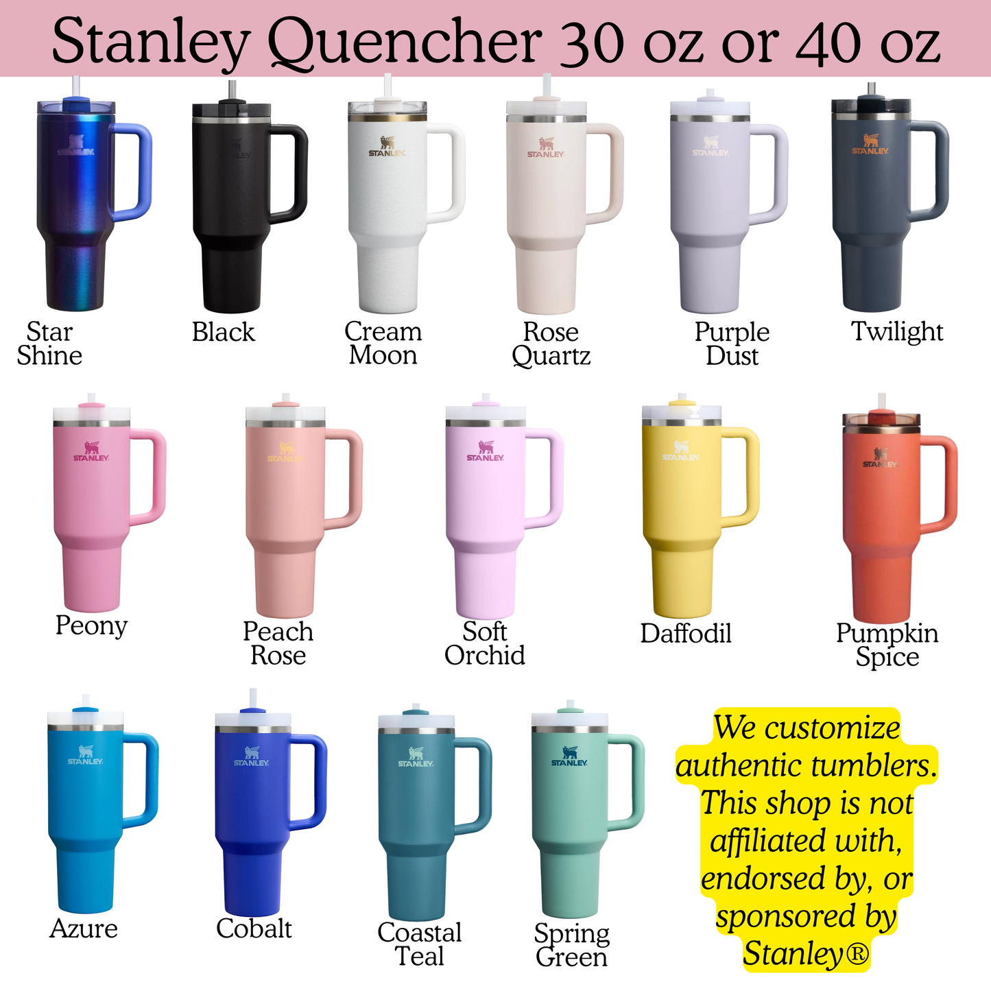 a collection of twelve different colored stainless steel tumblers from the Stanley brand, arranged in a grid format.