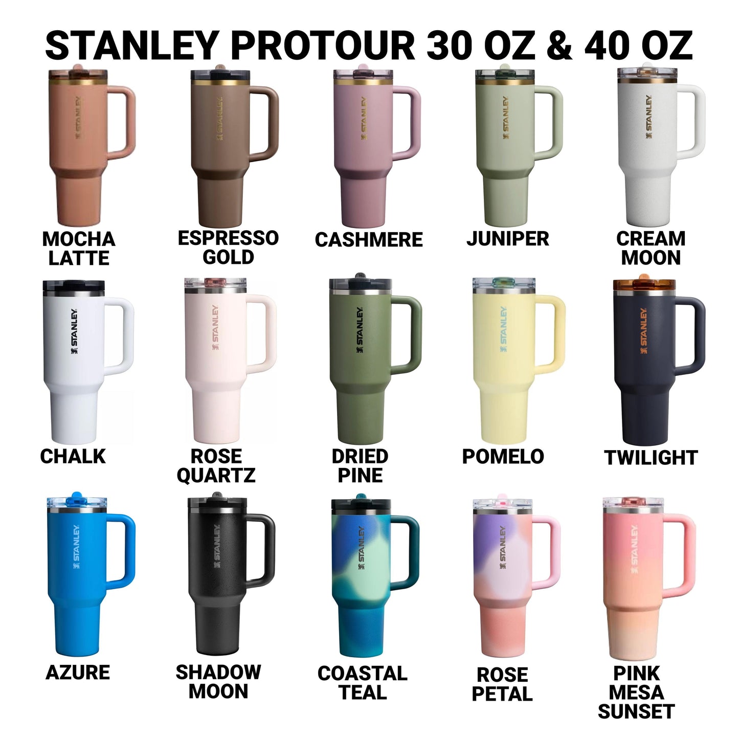 a collection of twelve stainless steel travel mugs in various colors, including brown, green, pink, and blue.
