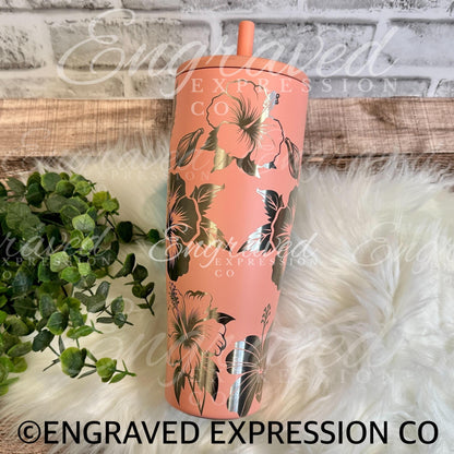 Engraved Brumate Tumbler - 40 oz Leak Proof Floral Stainless Steel Cup With Hawaiian Hibiscus Design