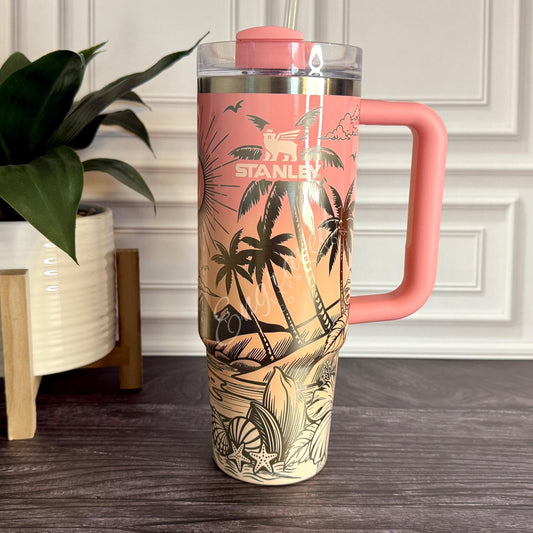 Laser Engraved Tumbler - Stanley Quencher Cup With Beach Design - Ombre Pink Mesa Sunset