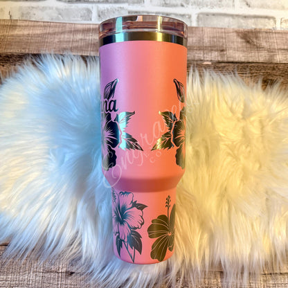 Laser Engraved Tumbler – Pink Mesa Stanley With Hibiscus Flower Design