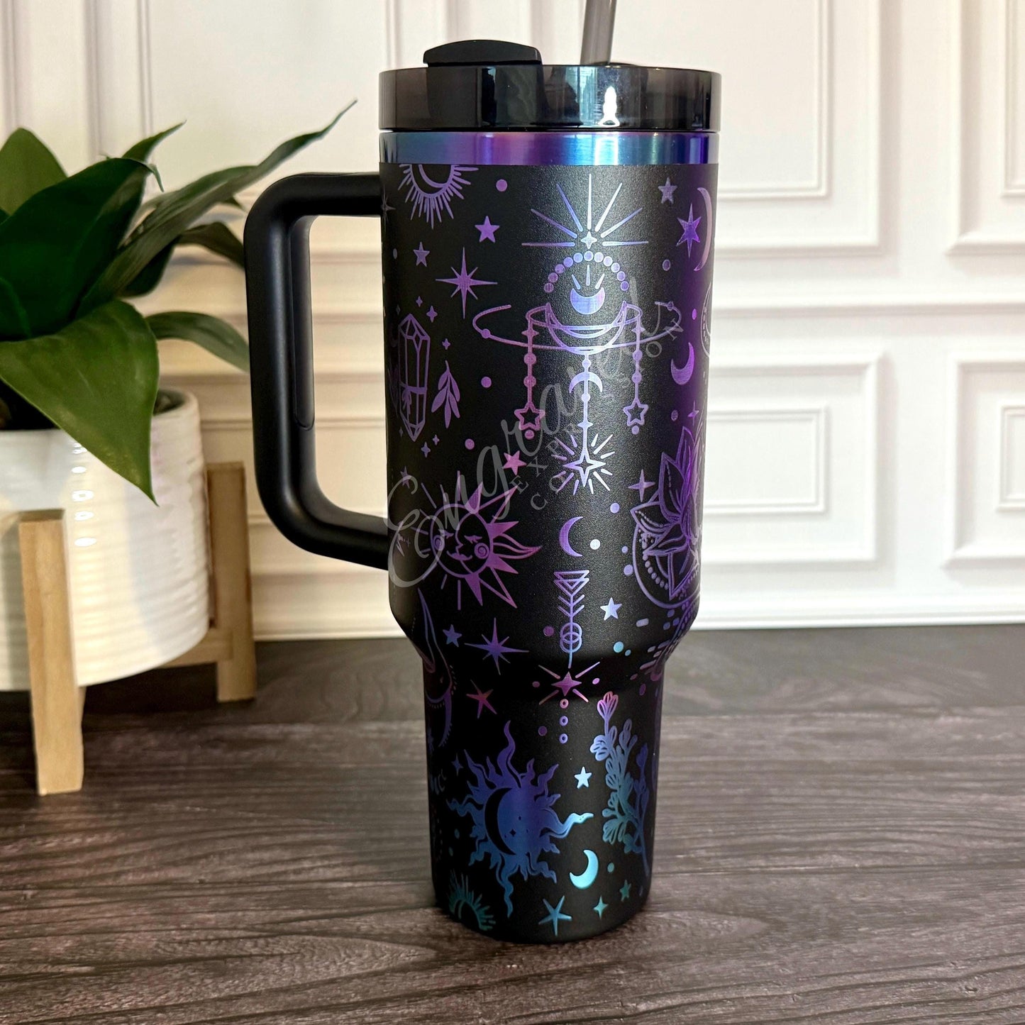 Stanley Black Chroma Tumbler – Engraved Boho Celestial Design, Moon & Stars Cup