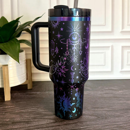 Stanley Black Chroma Tumbler – Engraved Boho Celestial Design, Moon & Stars Cup
