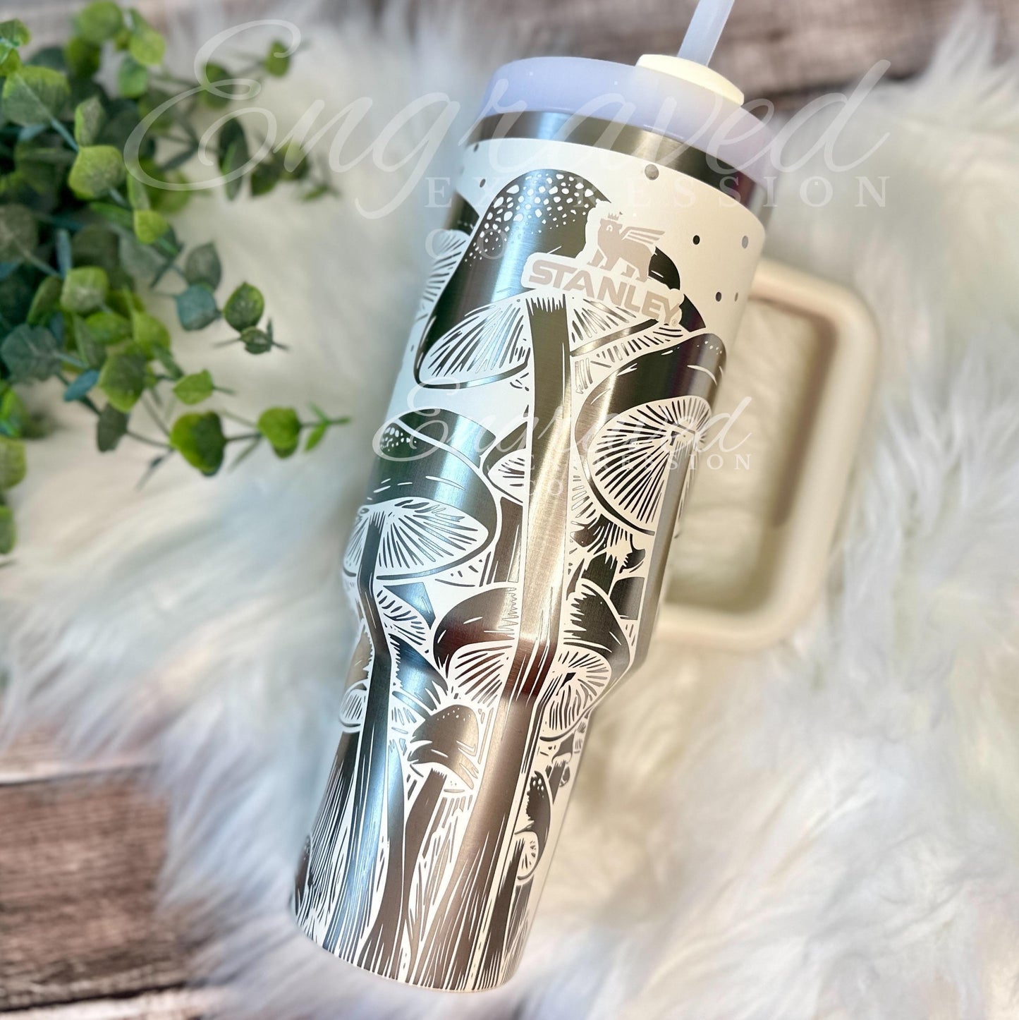Laser Engraved Tumbler - 40oz Stanley Quencher With Mushroom Design & Custom Name