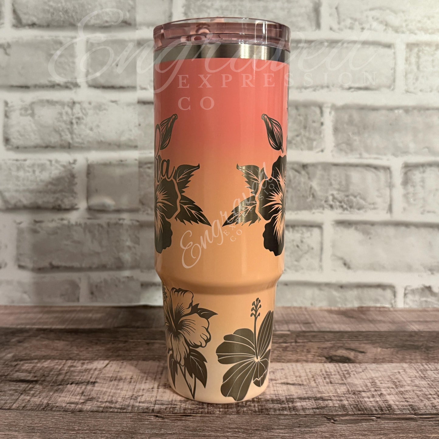Laser Engraved Tumbler - Stanley Quencher Pink Mesa Sunset With Floral Design