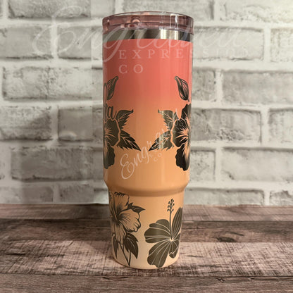 Laser Engraved Tumbler - Stanley Quencher Pink Mesa Sunset With Floral Design