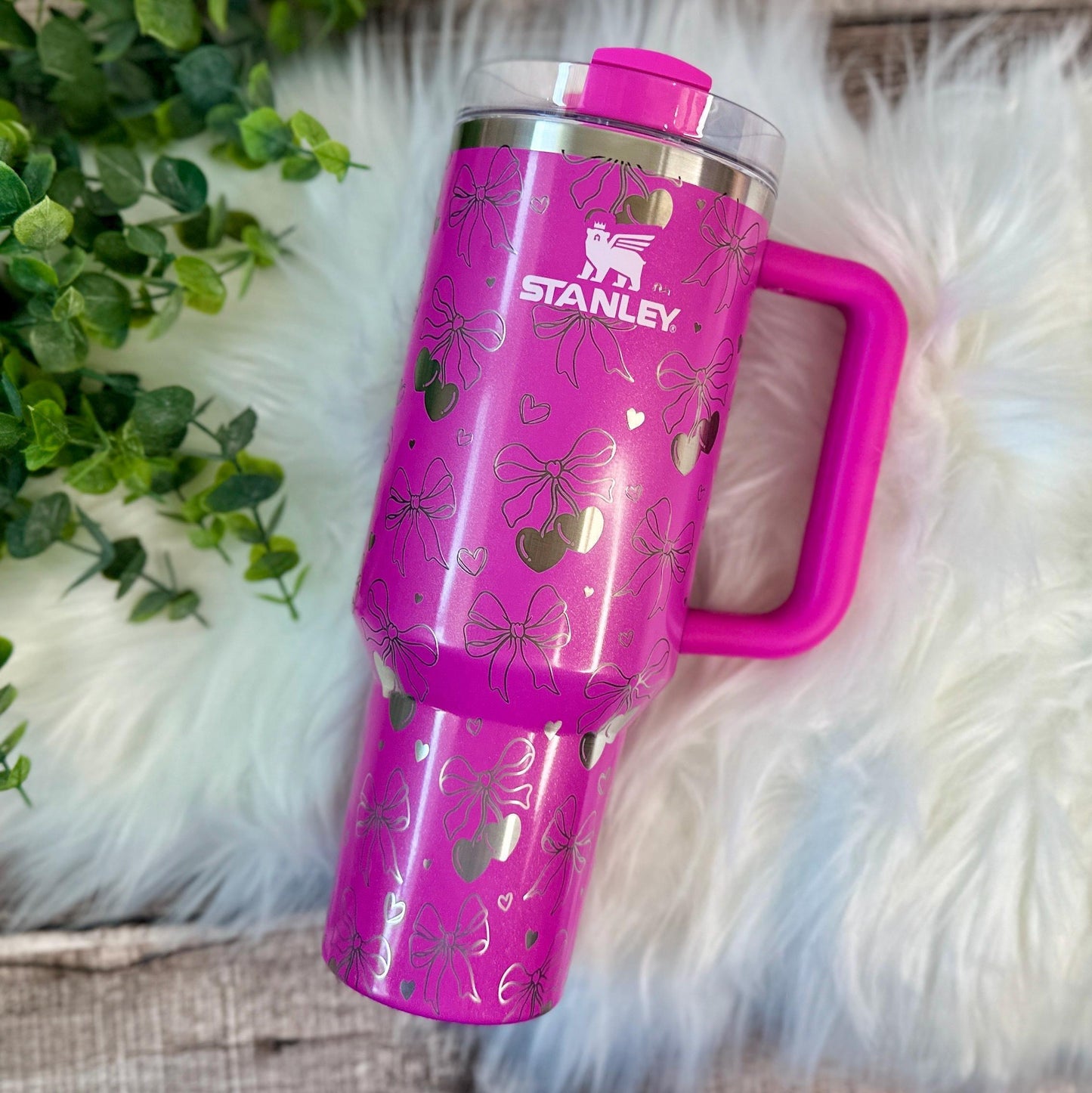 Stanley Quencher Tumbler – Vacuum Insulated Cup With Etched Coquette Bow & Cherry Bow Design