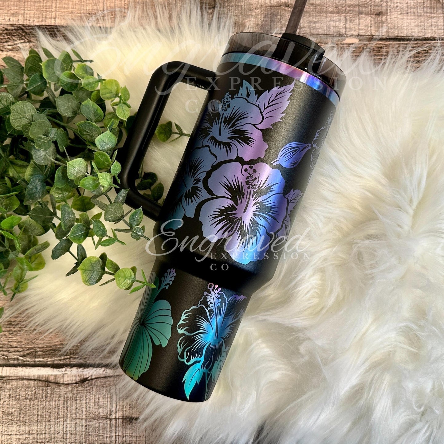 Stanley Black Chroma Tumbler - Custom Engraved Hibiscus Flower Design, Stainless Steel