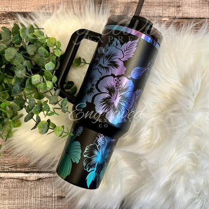 Stanley Black Chroma Tumbler - Custom Engraved Hibiscus Flower Design, Stainless Steel