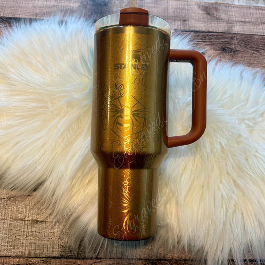 Copper Tinsel Stanley Tumbler - Custom Engraved Stainless Steel Travel Cup With Honeybee Design