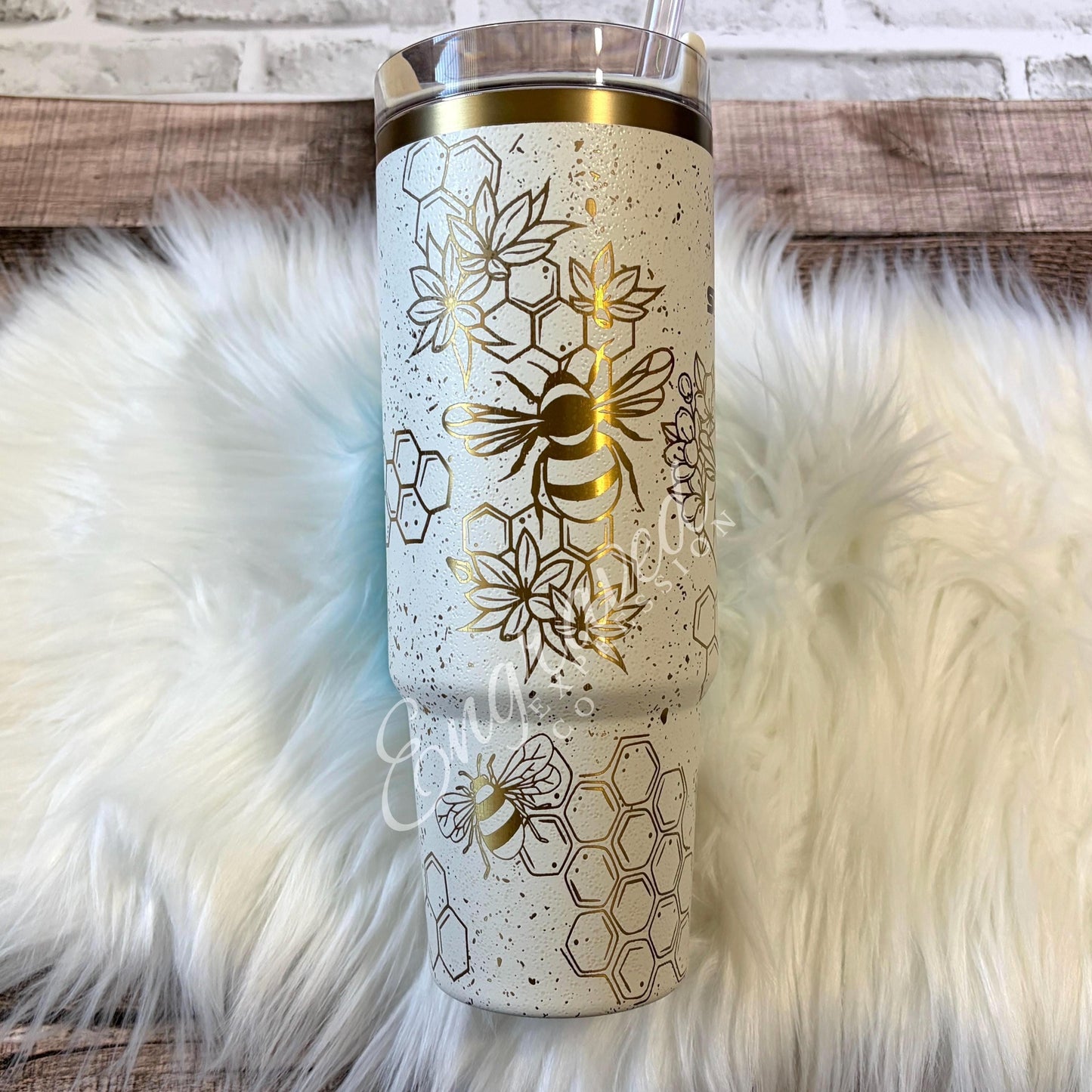 Laser Engraved Tumbler – Stanley Cream Moon With Bumblebee Design & Honeycomb Pattern