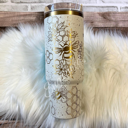 Laser Engraved Tumbler – Stanley Cream Moon With Bumblebee Design & Honeycomb Pattern