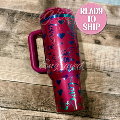 Stanley Quencher Tumbler | Berry Truffle 40oz Stainless Steel | Laser Engraved Love Theme Cup