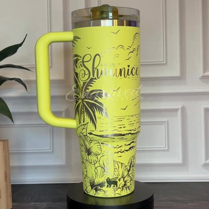 Stanley Pink Tumbler – Laser Engraved Full Wrap Beach Design Cup with Hibiscus Flowers