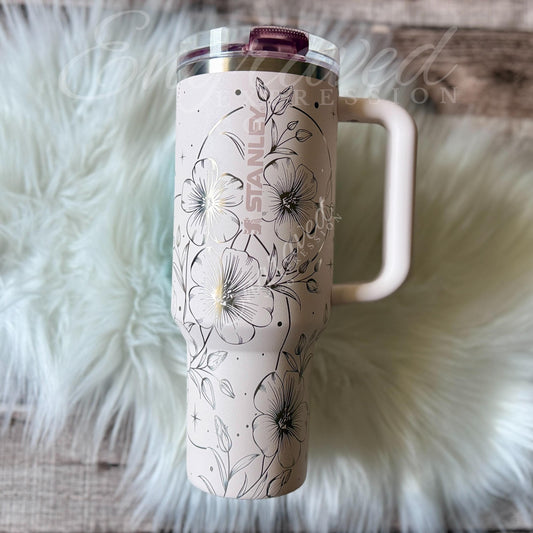 Stanley Protour Tumbler – Laser Engraved Boho Floral Design, Rose Quartz Cup