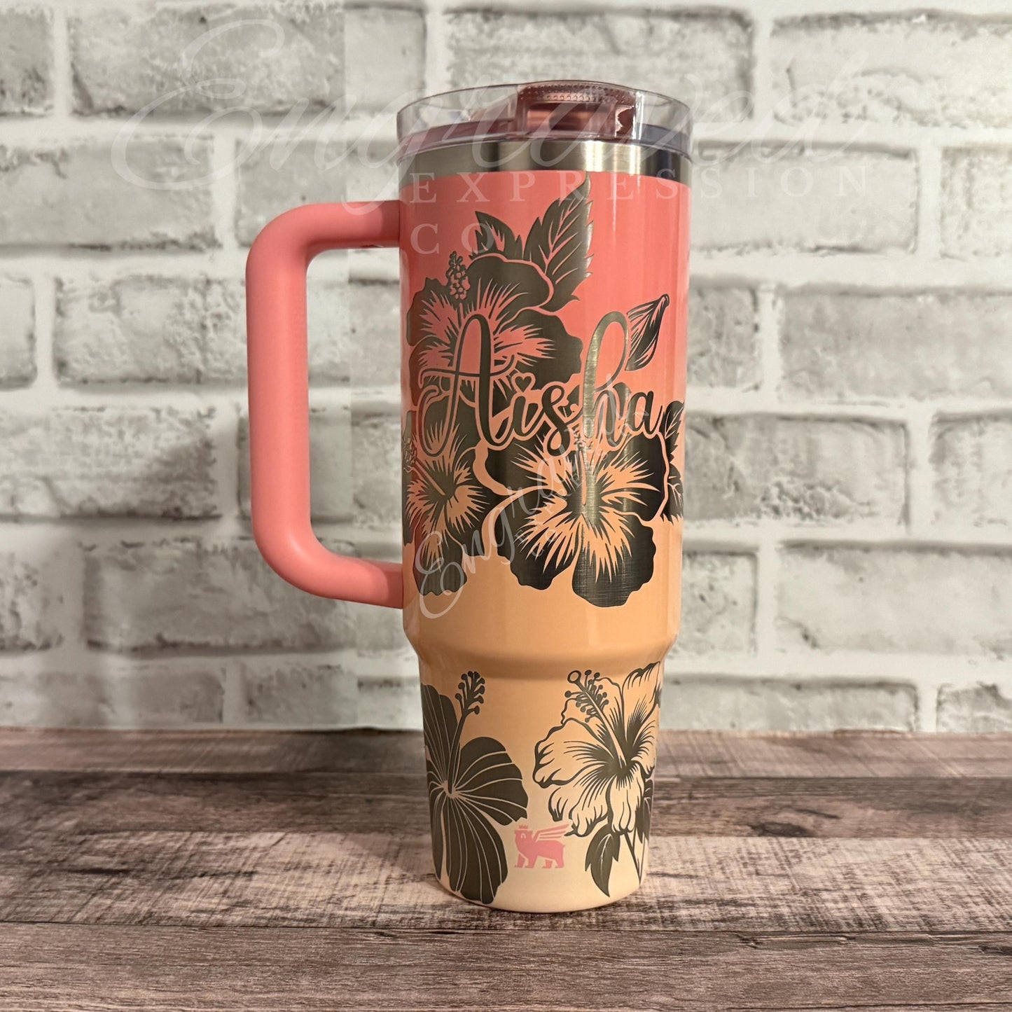 Laser Engraved Tumbler - Stanley Quencher Pink Mesa Sunset With Floral Design