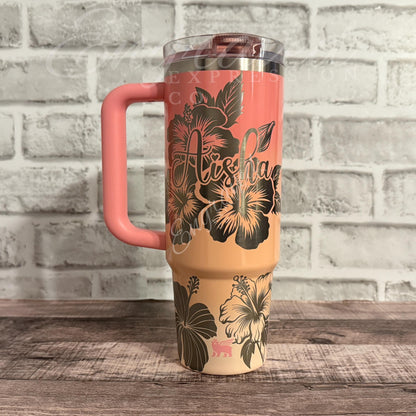 Laser Engraved Tumbler - Stanley Quencher Pink Mesa Sunset With Floral Design