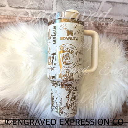 Engraved Stanley Tumbler – Gold Laser Design Moon Stainless Steel Cup