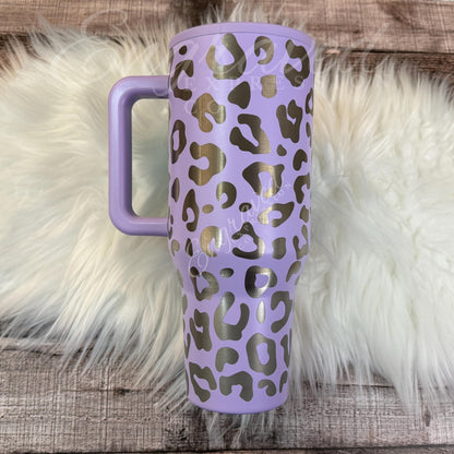 Engraved Leopard Tumbler - Stainless Steel Lavender Travel Mug | Vacuum Insulated Drinkware
