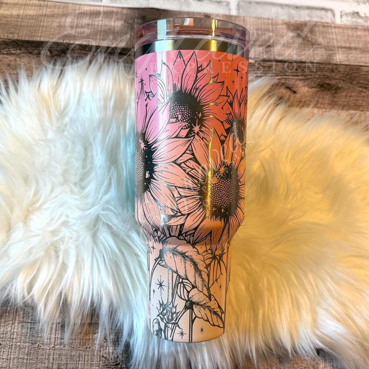 Stanley Quencher Tumbler – Engraved Stainless Steel Pink Mesa Sunset Sunflower Design