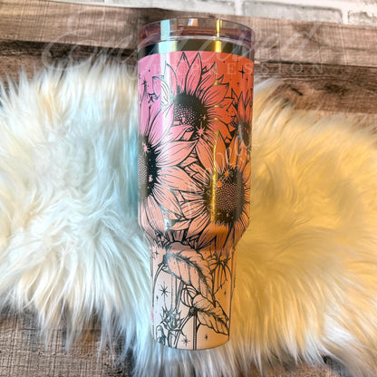 Stanley Quencher Tumbler – Engraved Stainless Steel Pink Mesa Sunset Sunflower Design