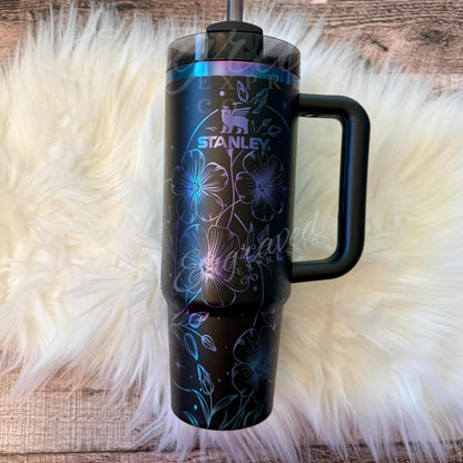 Engraved Stanley Tumbler | Black Chroma 40 oz Travel Mug with Boho Floral Design