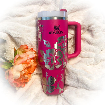 Engraved Stanley Tumbler - Hibiscus Floral Travel Insulated Tumbler with Laser Design