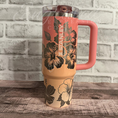 Laser Engraved Tumbler - Stanley Quencher Pink Mesa Sunset With Floral Design