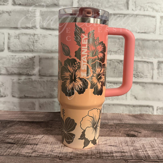 Laser Engraved Tumbler - Stanley Quencher Pink Mesa Sunset With Floral Design