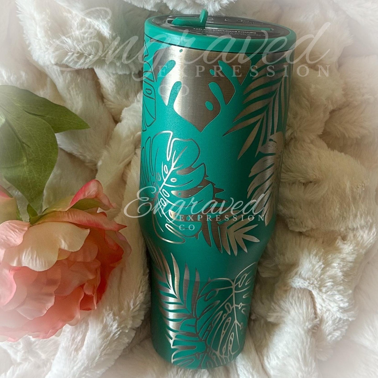 Engraved Hydrojug Traveler – Tropical Summer Drinkware With Monstera Leaf Design
